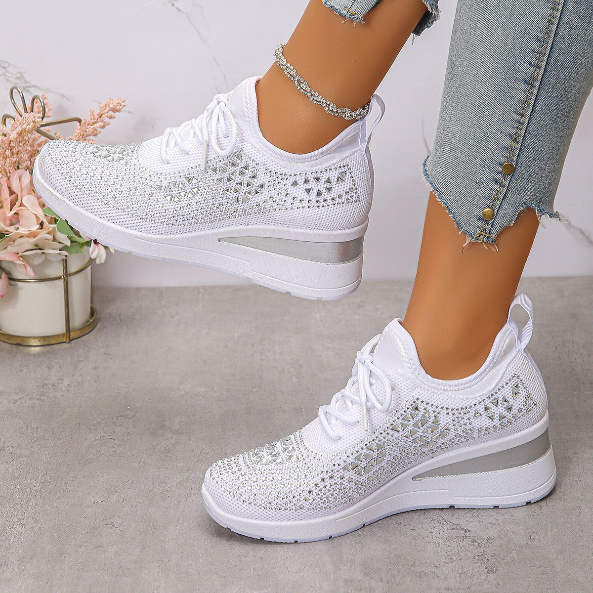 Ins Rhinestone Sneakers Fashion Lace Up Women's Sports Shoes
