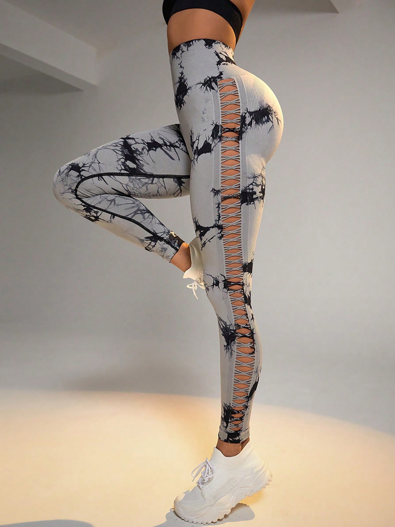 Cut Out Side Hollow Tie Dyed Yoga Pants High Waist And Hip Lifting Fitness