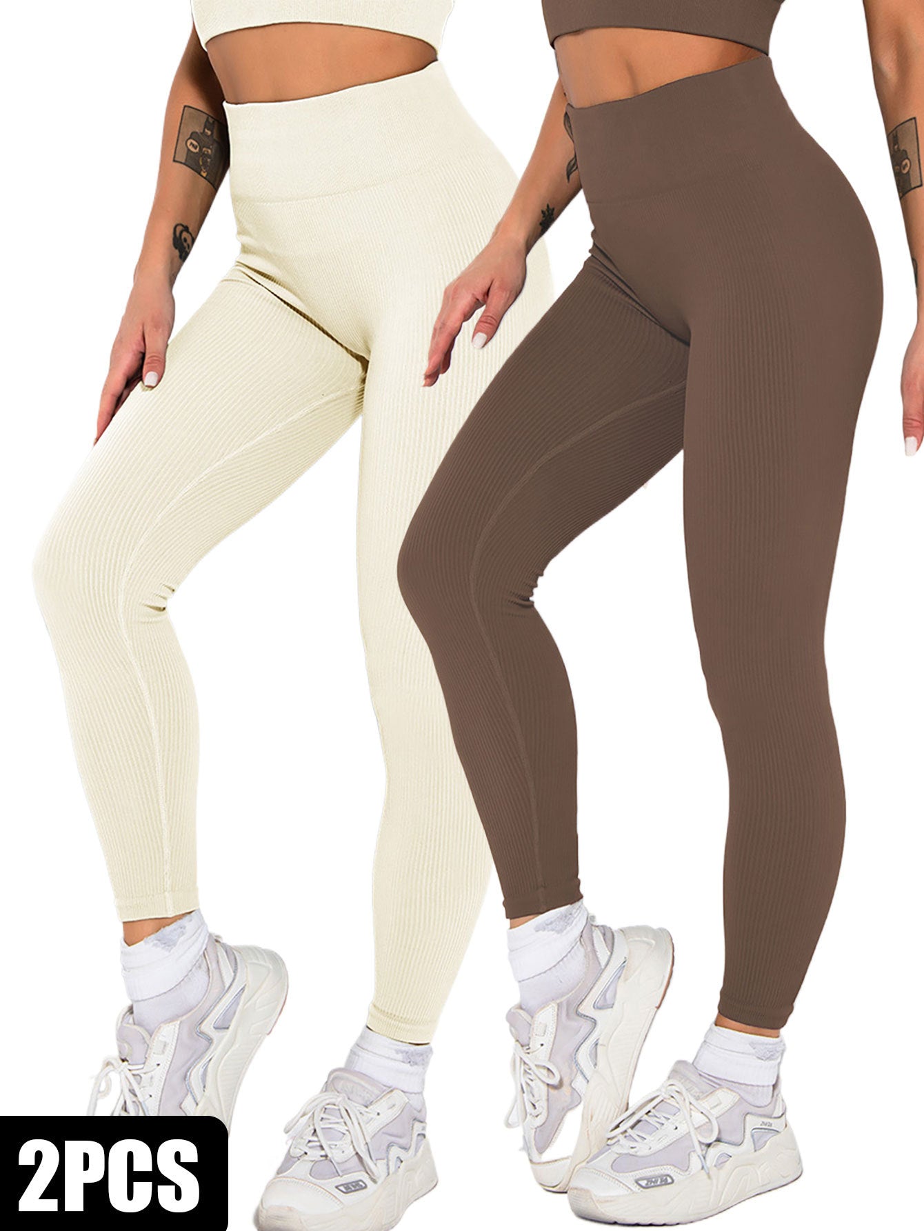 2 Pack Womens Seamless Ribbed Leggings Soft Slimming Yoga Pants