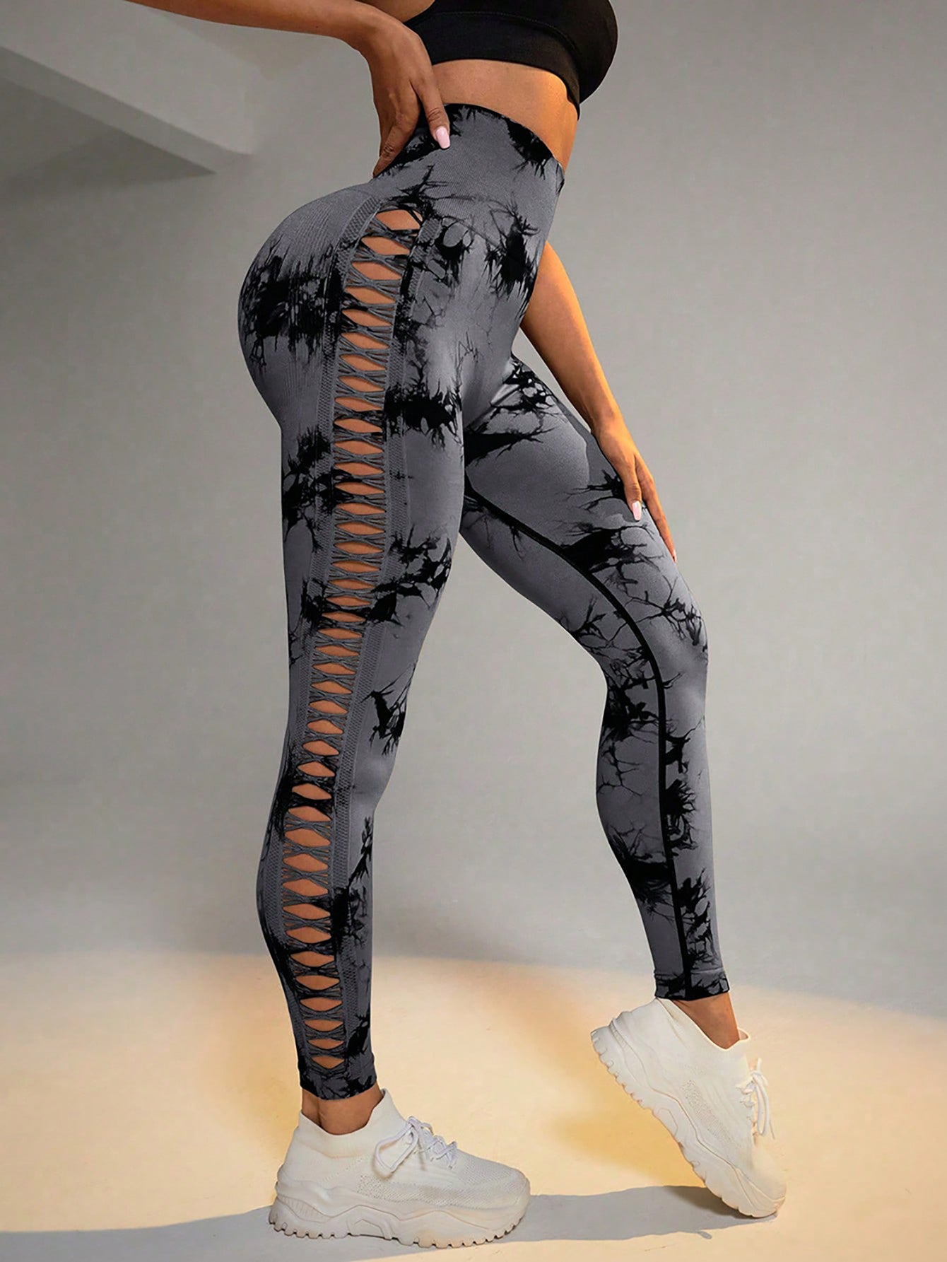 Cut Out Side Hollow Tie Dyed Yoga Pants High Waist And Hip Lifting Fitness
