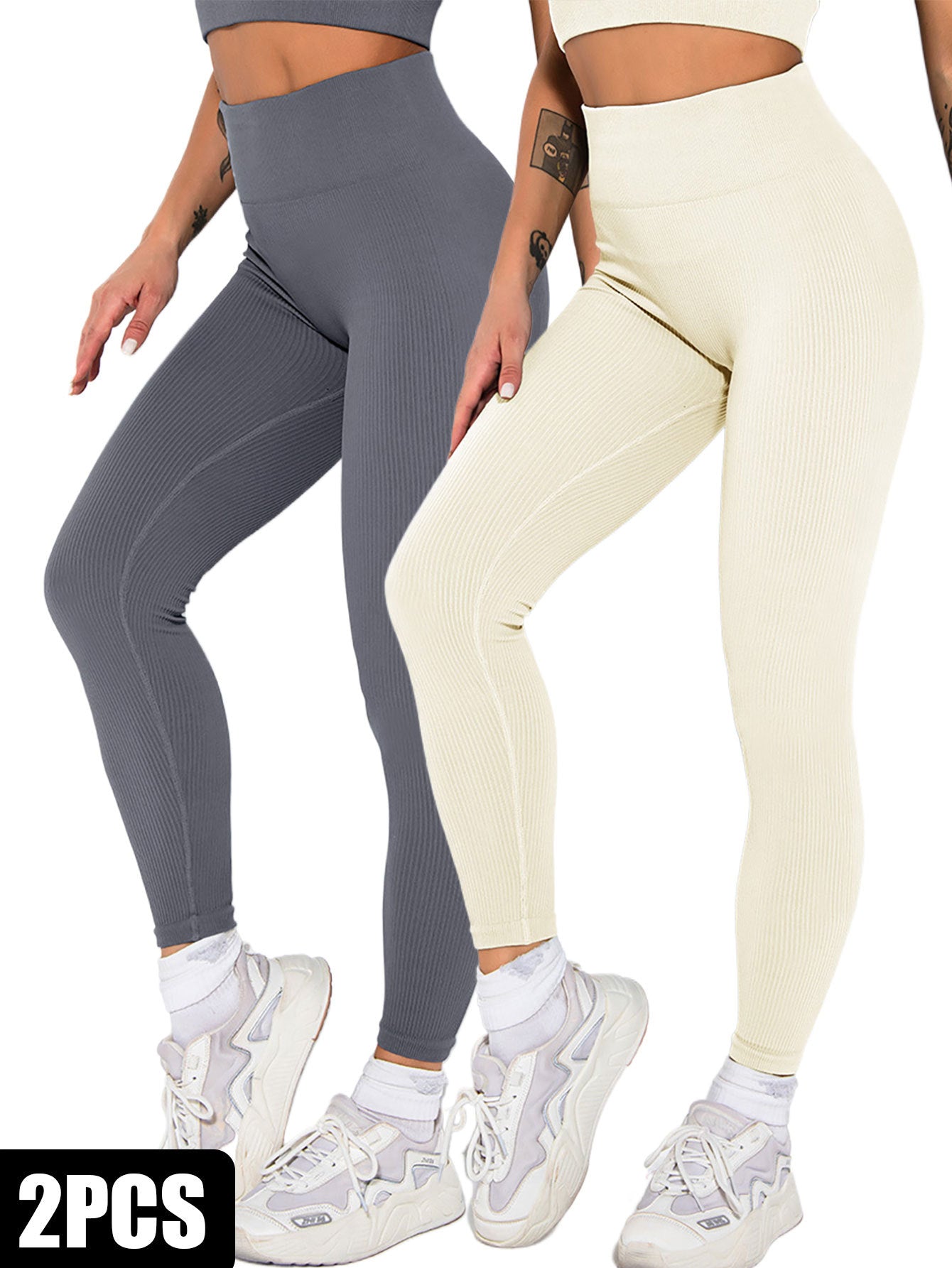 2 Pack Womens Seamless Ribbed Leggings Soft Slimming Yoga Pants