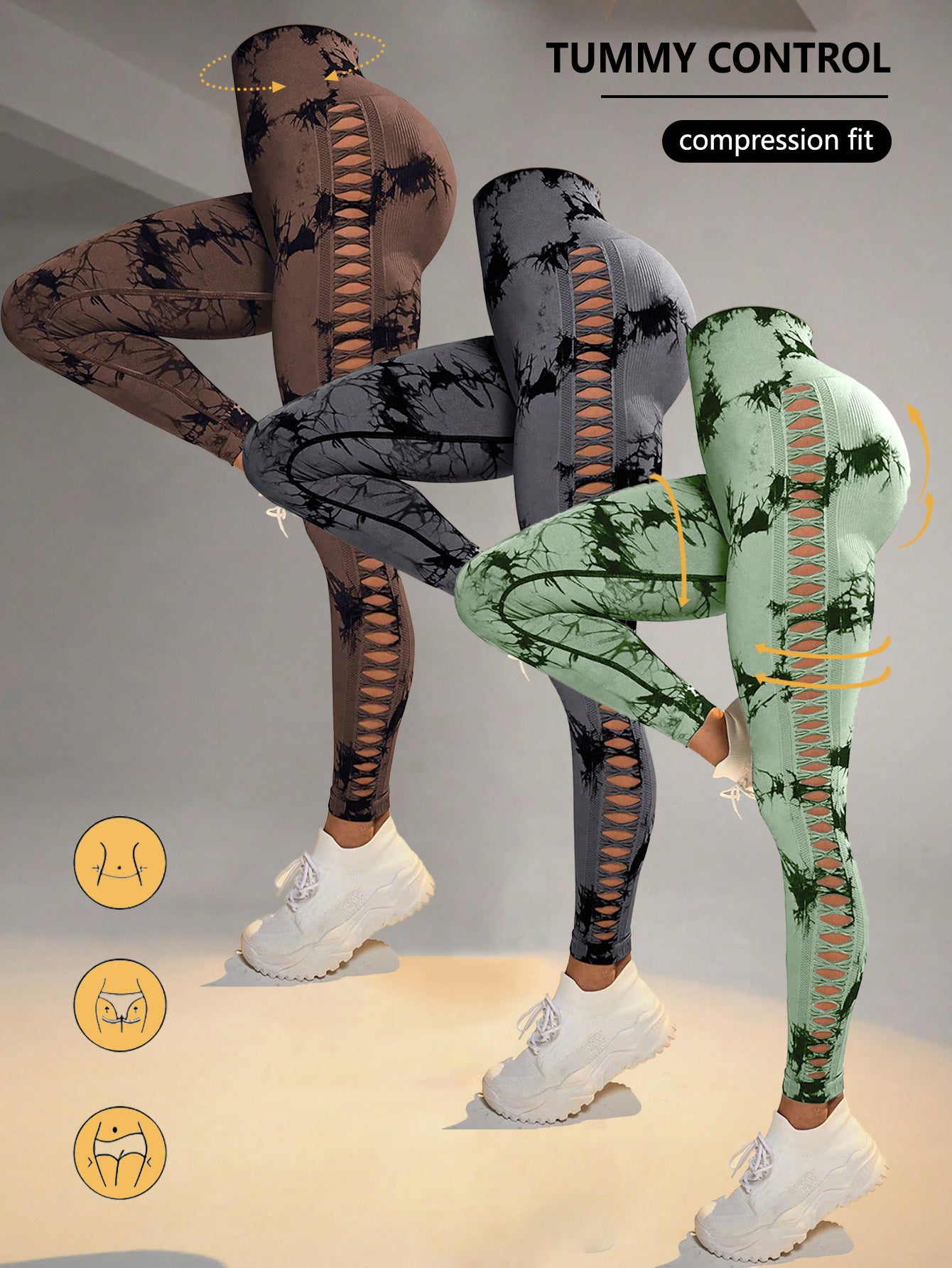 3 Pack Women's Tie-Dye Cutout Yoga Pants High-Waisted Leggings
