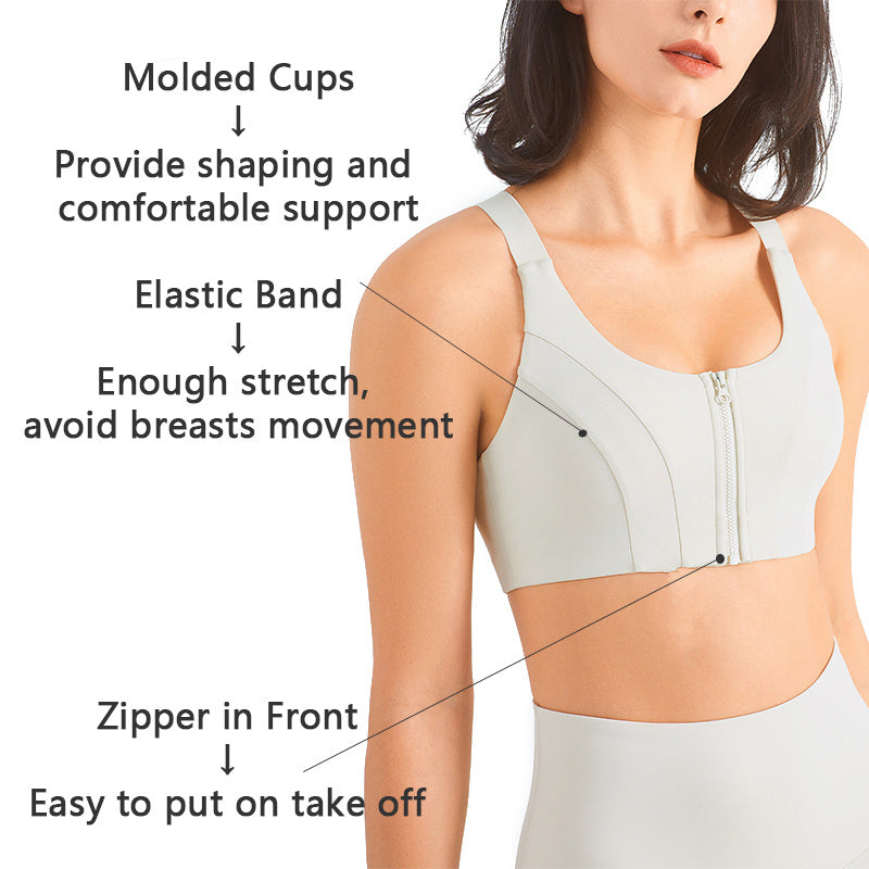 Zip Front Sports Bra Shock Absorption Gather For Women