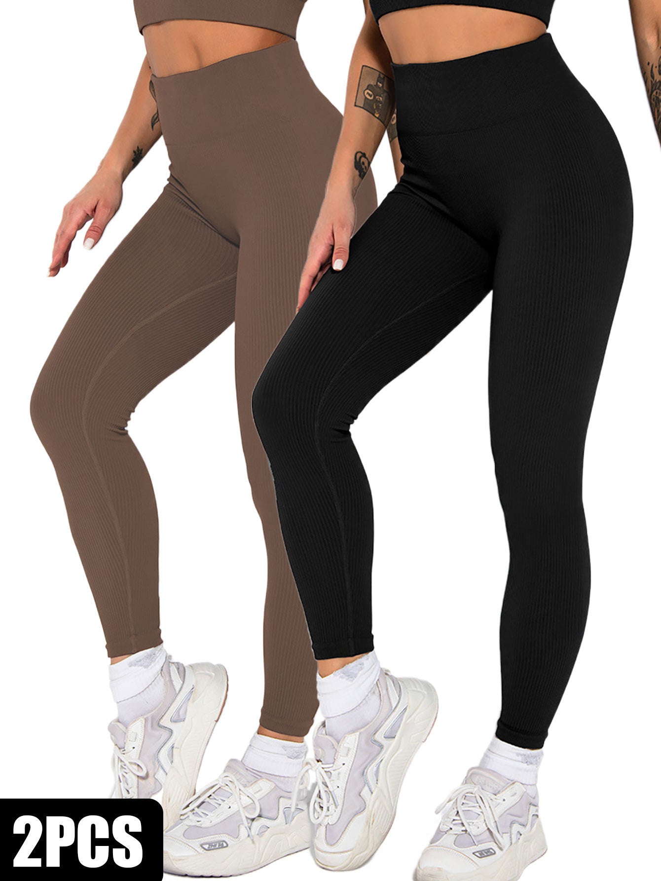 2 Pack Womens Seamless Ribbed Leggings Soft Slimming Yoga Pants