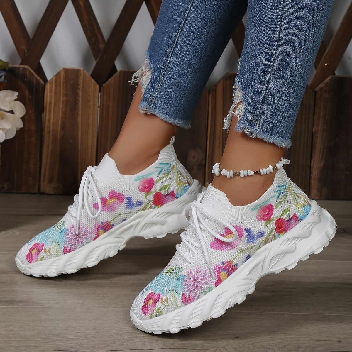 Women's Sports Shoes Flowers Print Walking Sneakers Shoes