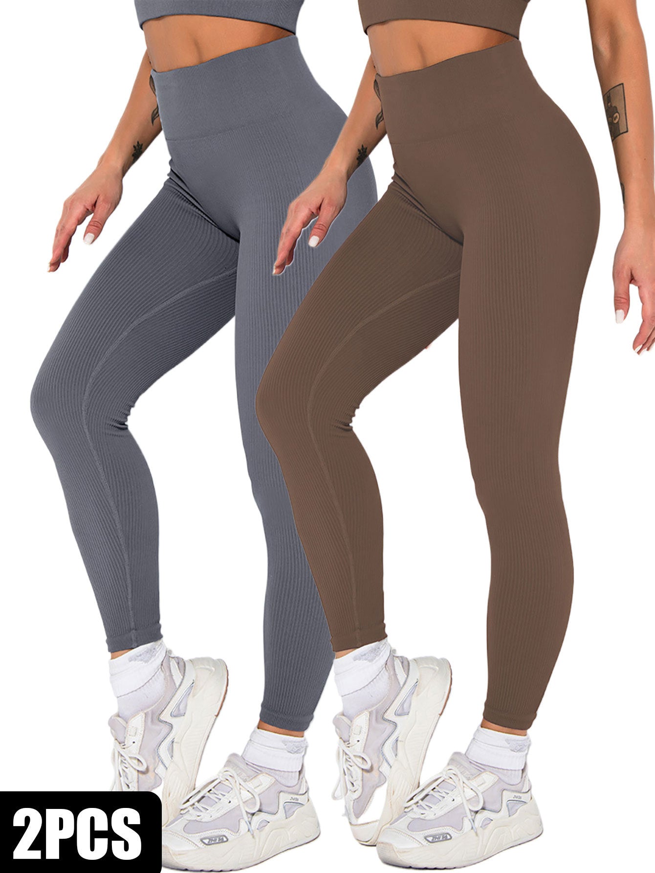 2 Pack Womens Seamless Ribbed Leggings Soft Slimming Yoga Pants