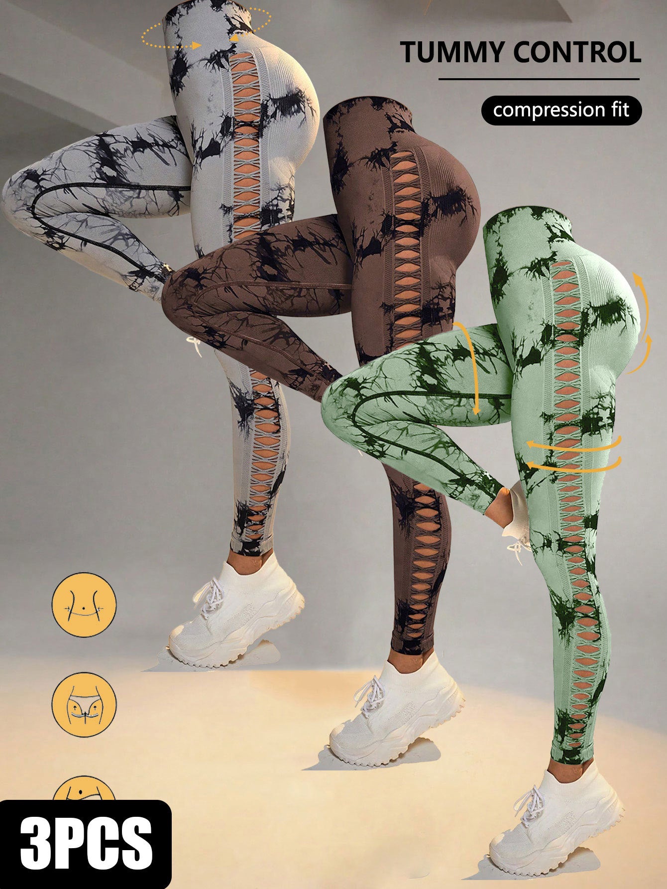 3 Pack Women's Tie-Dye Cutout Yoga Pants High-Waisted Leggings