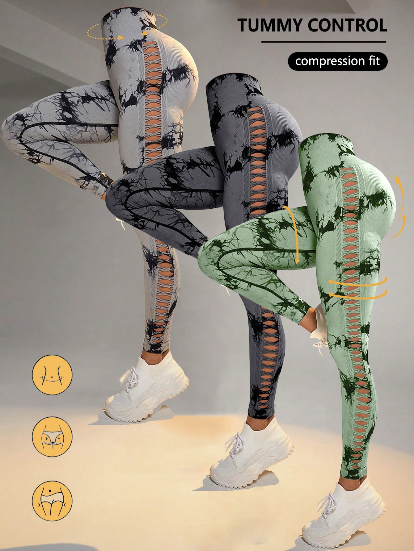 3 Pack Women's Tie-Dye Cutout Yoga Pants High-Waisted Leggings