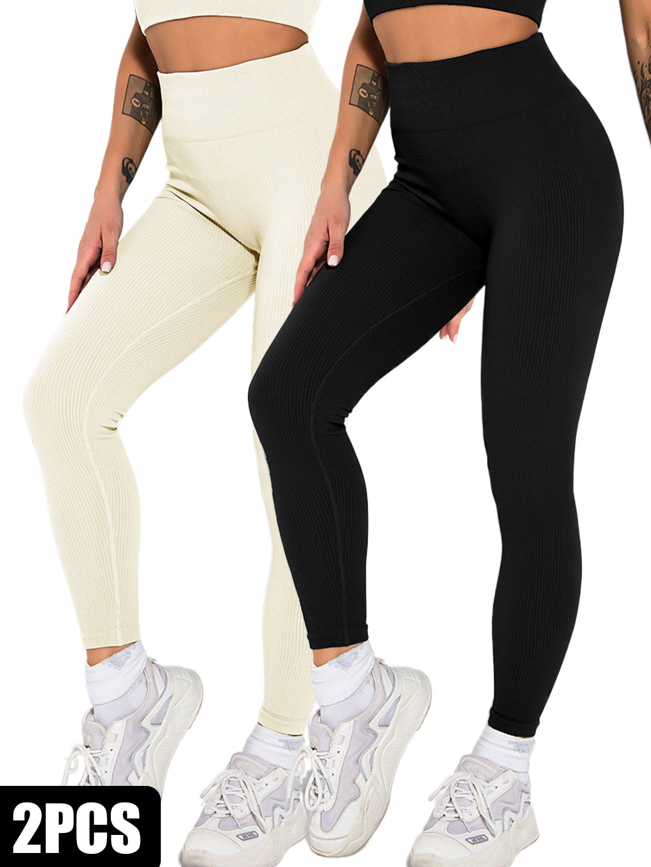 2 Pack Womens Seamless Ribbed Leggings Soft Slimming Yoga Pants