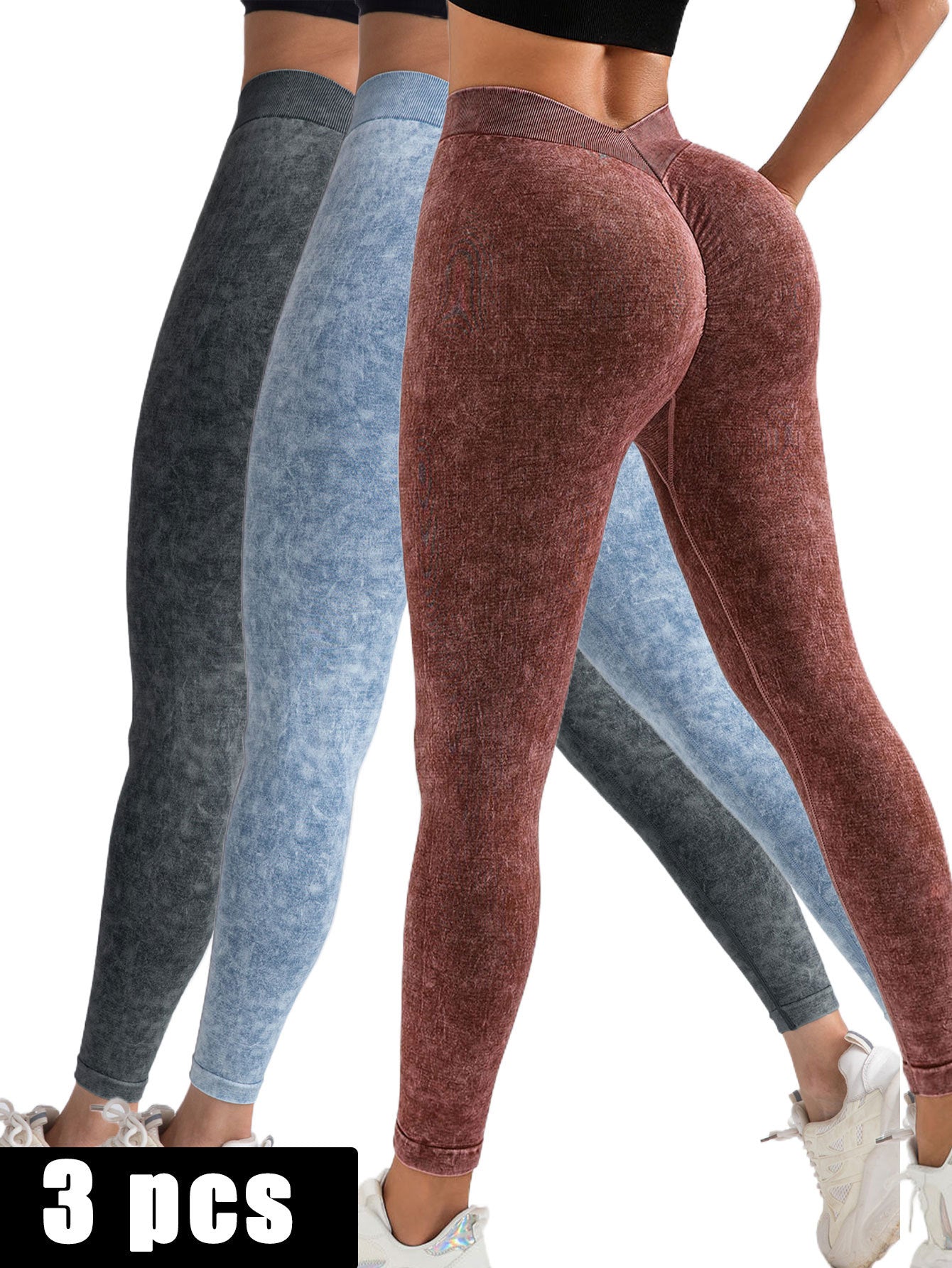 3 Pack V-Back Scrunch Butt Workout Leggings Women Seamless Gym