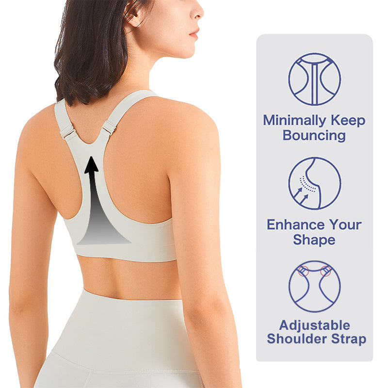 Zip Front Sports Bra Shock Absorption Gather For Women