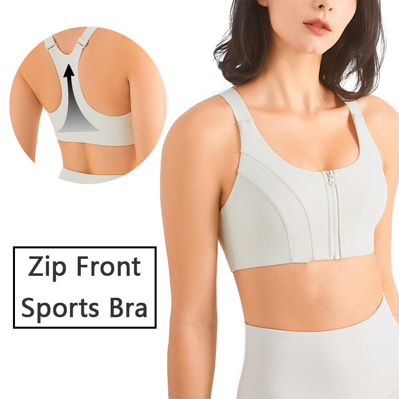 Zip Front Sports Bra Shock Absorption Gather For Women
