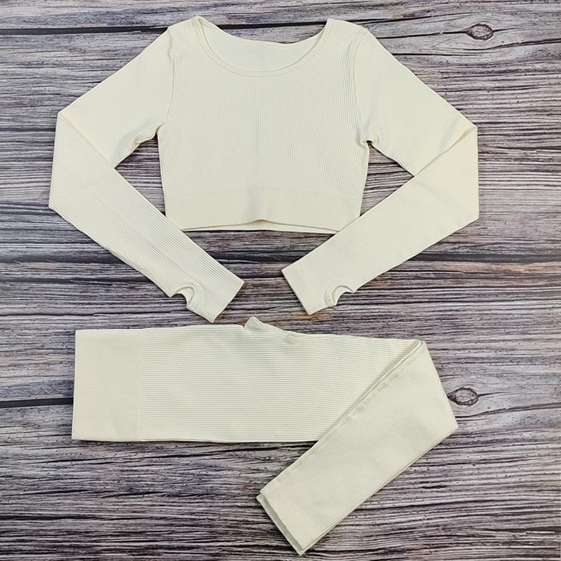 White Yoga Sets Sport Femme Rib Activewear Set