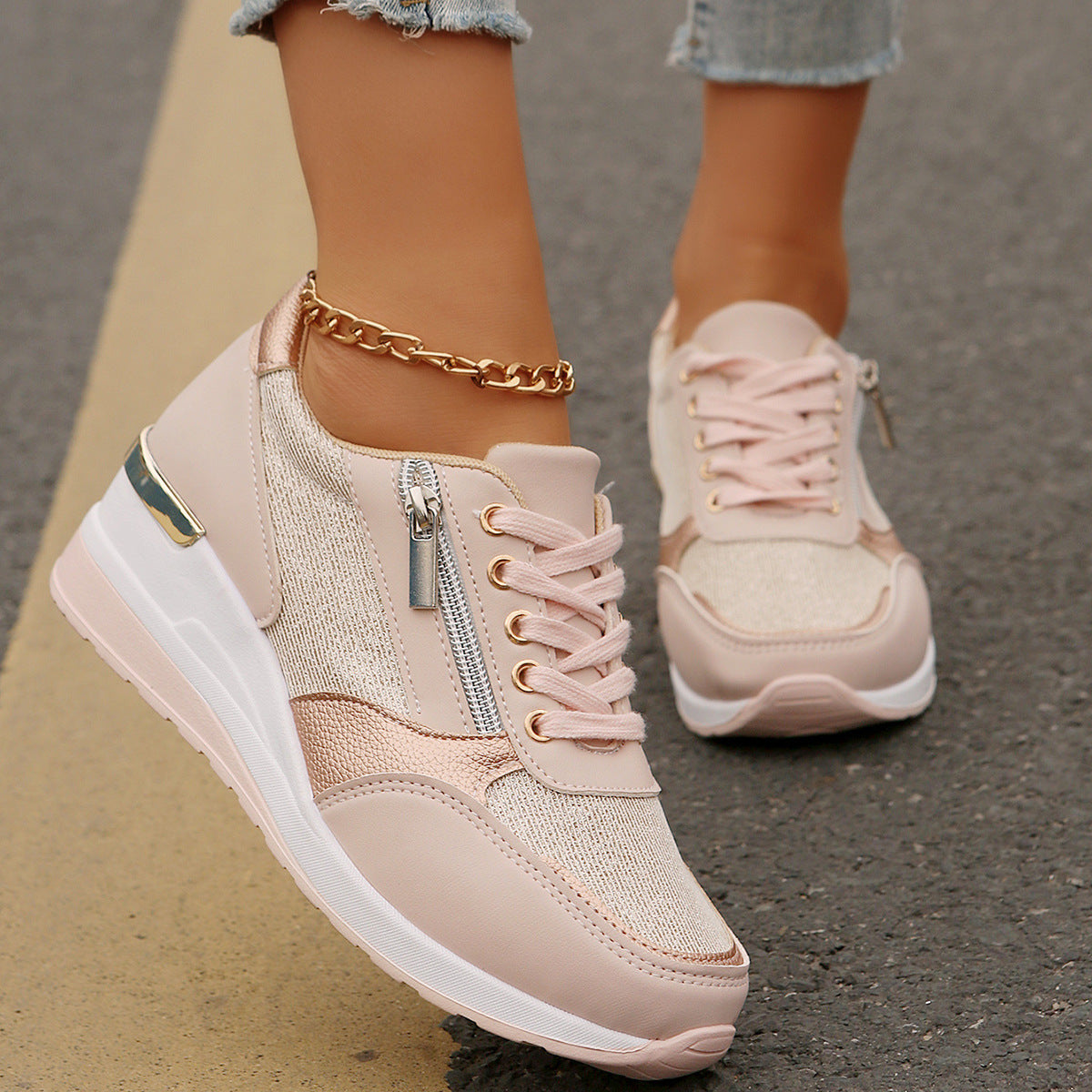 Women's Lace-up Casual Shoes Fashion Side Zipper Design
