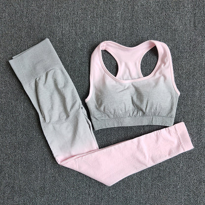 Gradient High Elastic Nylon Seamless Yoga Clothes Tights Sports Bra Set