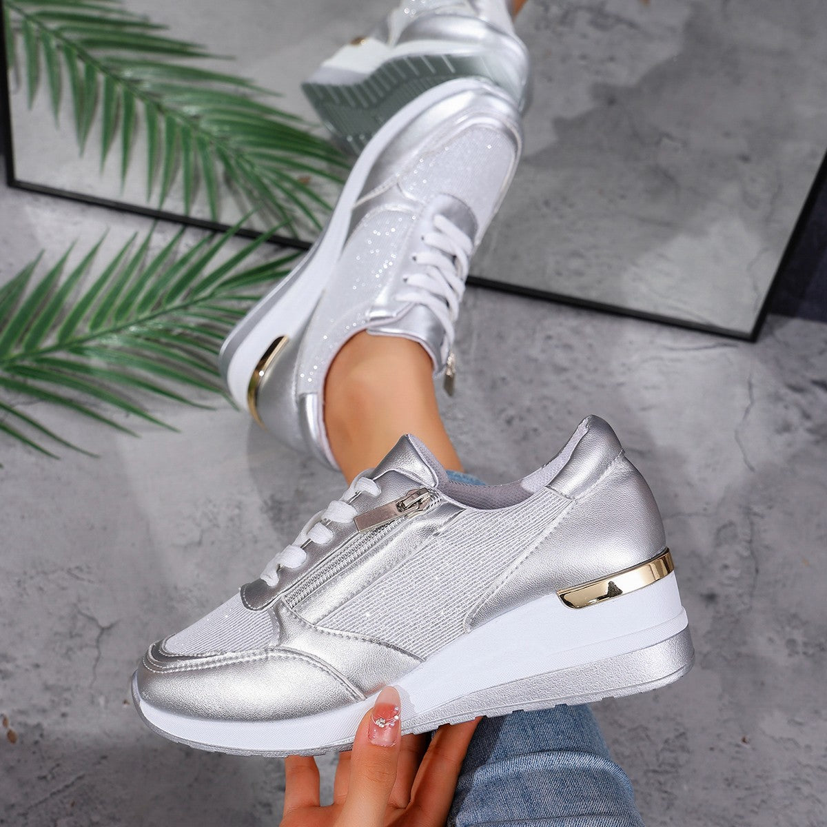 Women's Lace-up Casual Shoes Fashion Side Zipper Design