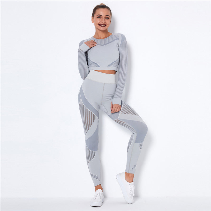 Yoga clothing suit striped hollow fitness two-piece suit