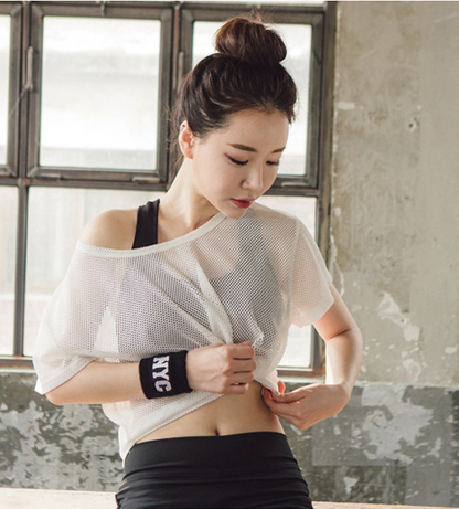 Women Yoga Shirt Hollow Out Mesh Blouse Crop Tops Sports Running