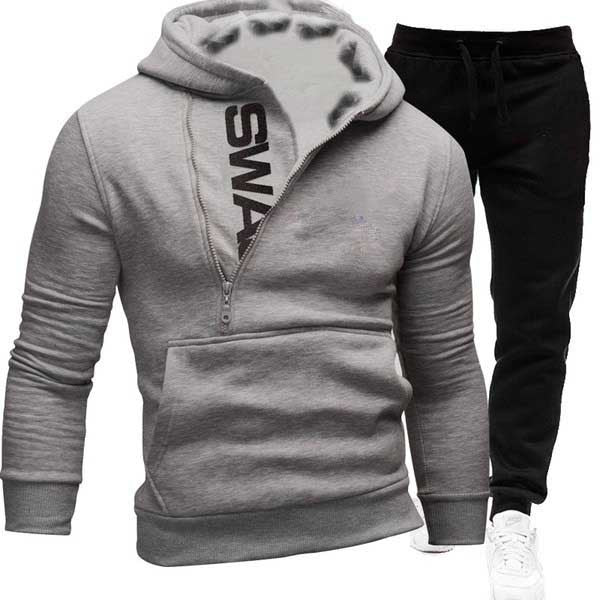 Side zipper contrast color hooded men's sweater suit