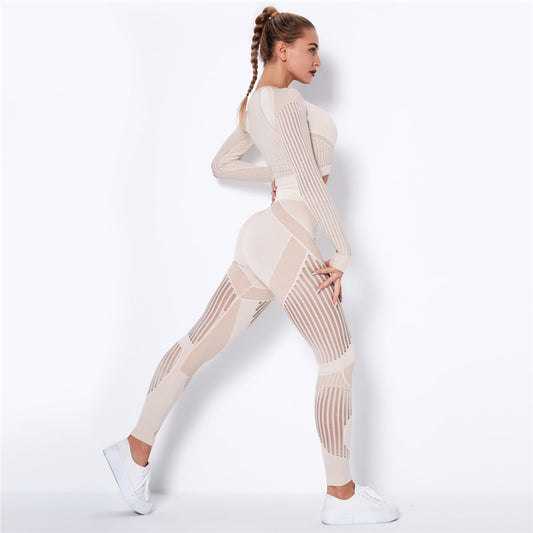 Yoga clothing suit striped hollow fitness two-piece suit