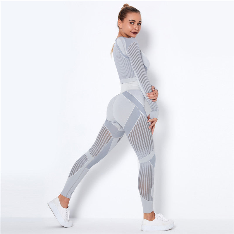 Yoga clothing suit striped hollow fitness two-piece suit