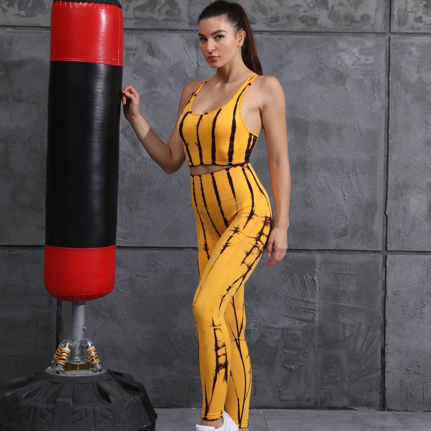 Quick-drying High-waist Slub Stripe Tie-dye Stretch Gym Suit