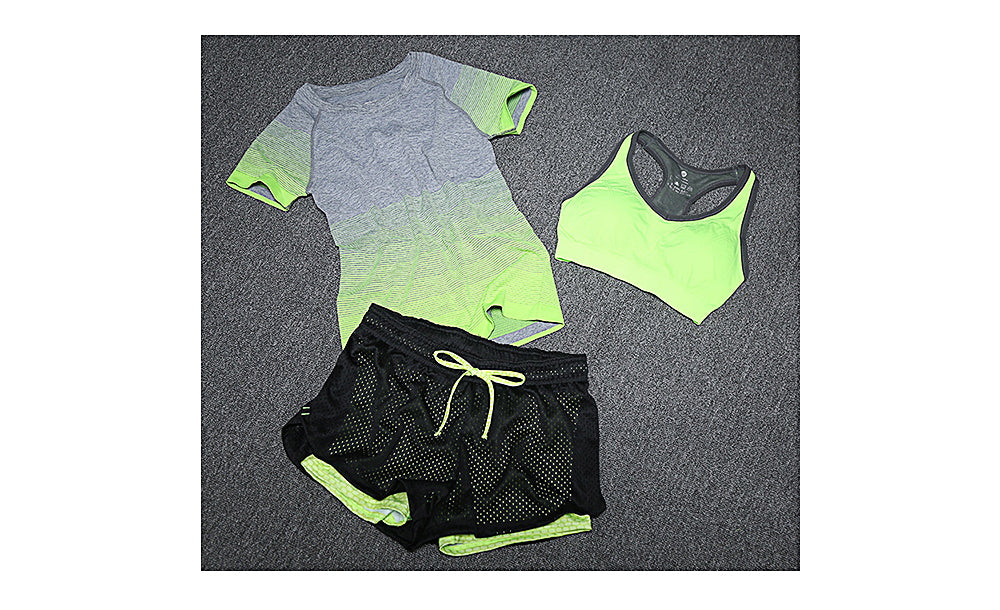 New Women Yoga Sport Suit Bra Set 3 Piece Female Short-sleeved