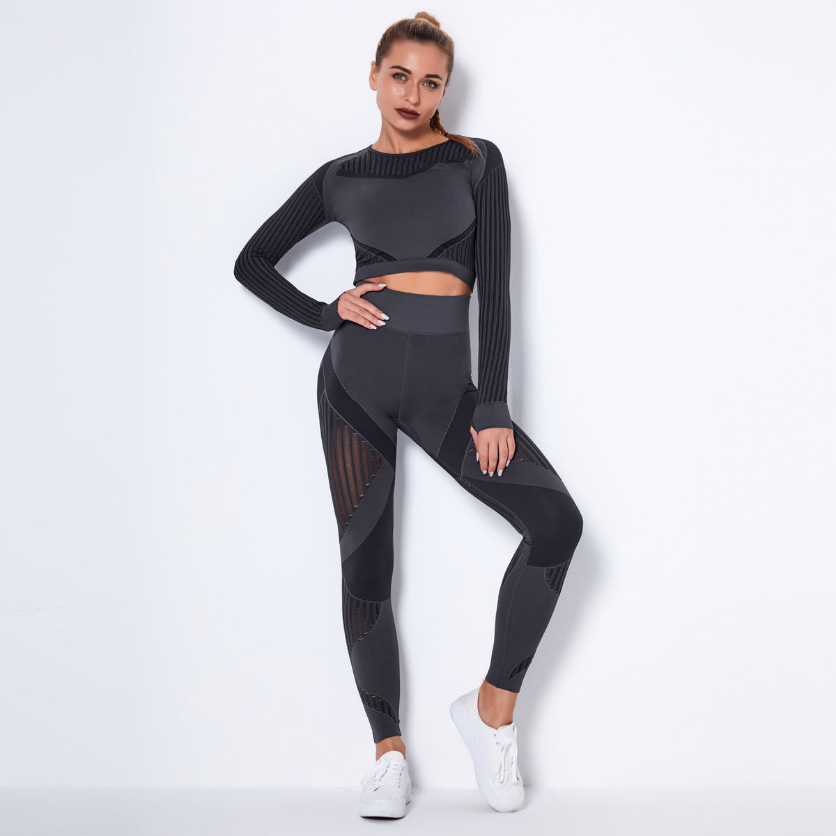 Seamless Knitted Sexy Yoga Clothing Suit Striped Hollow Running