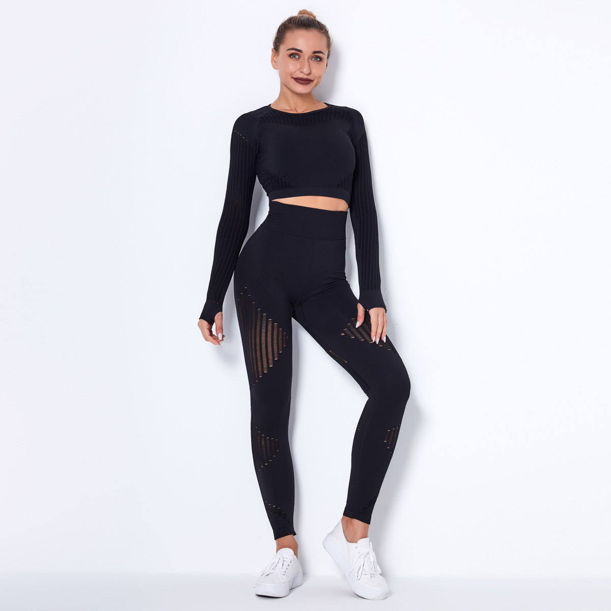 Seamless Knitted Sexy Yoga Clothing Suit Striped Hollow Running