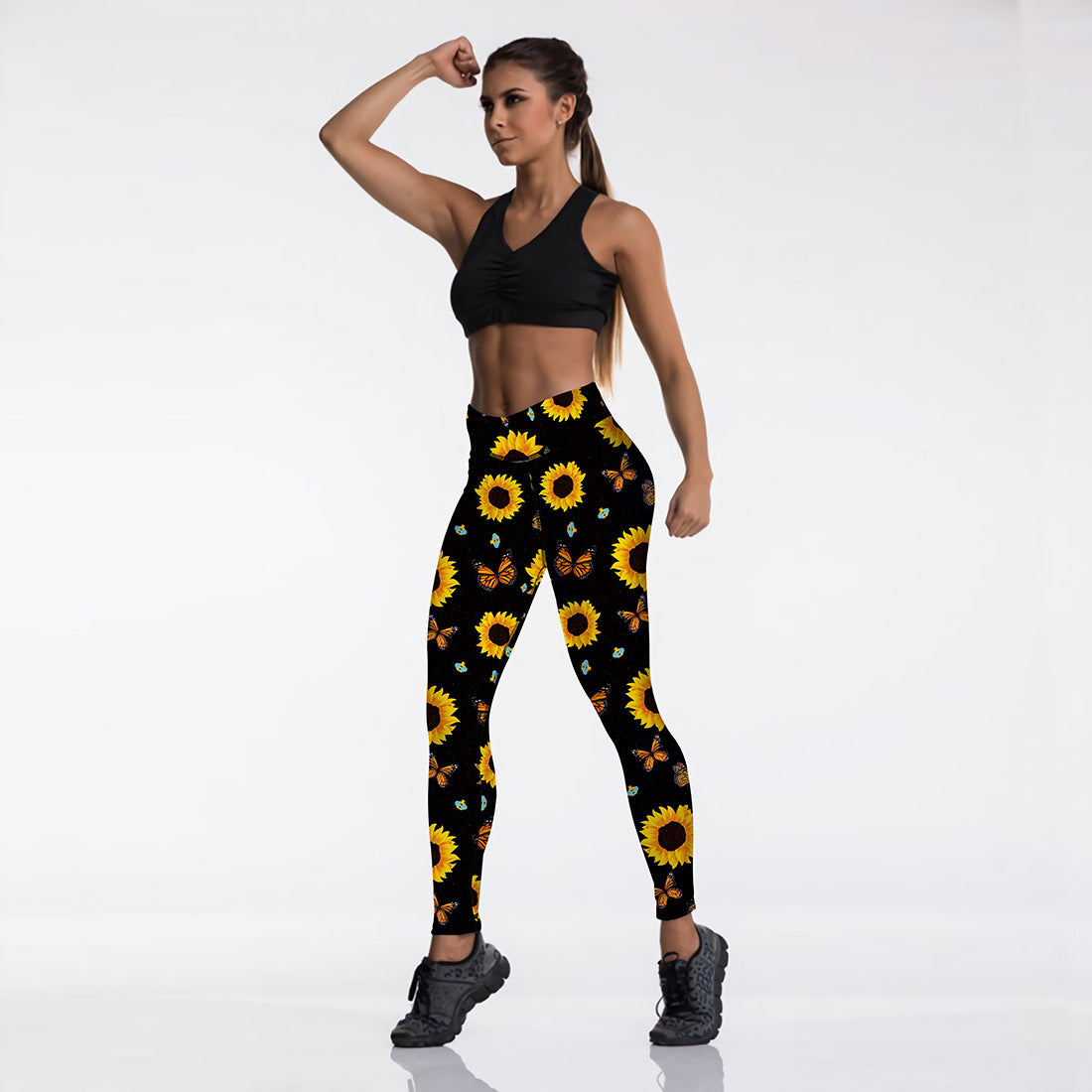 Sunflower Butterfly Print High Waist Sport Leggings