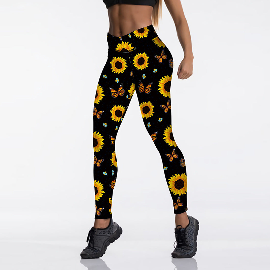 Sunflower Butterfly Print High Waist Sport Leggings