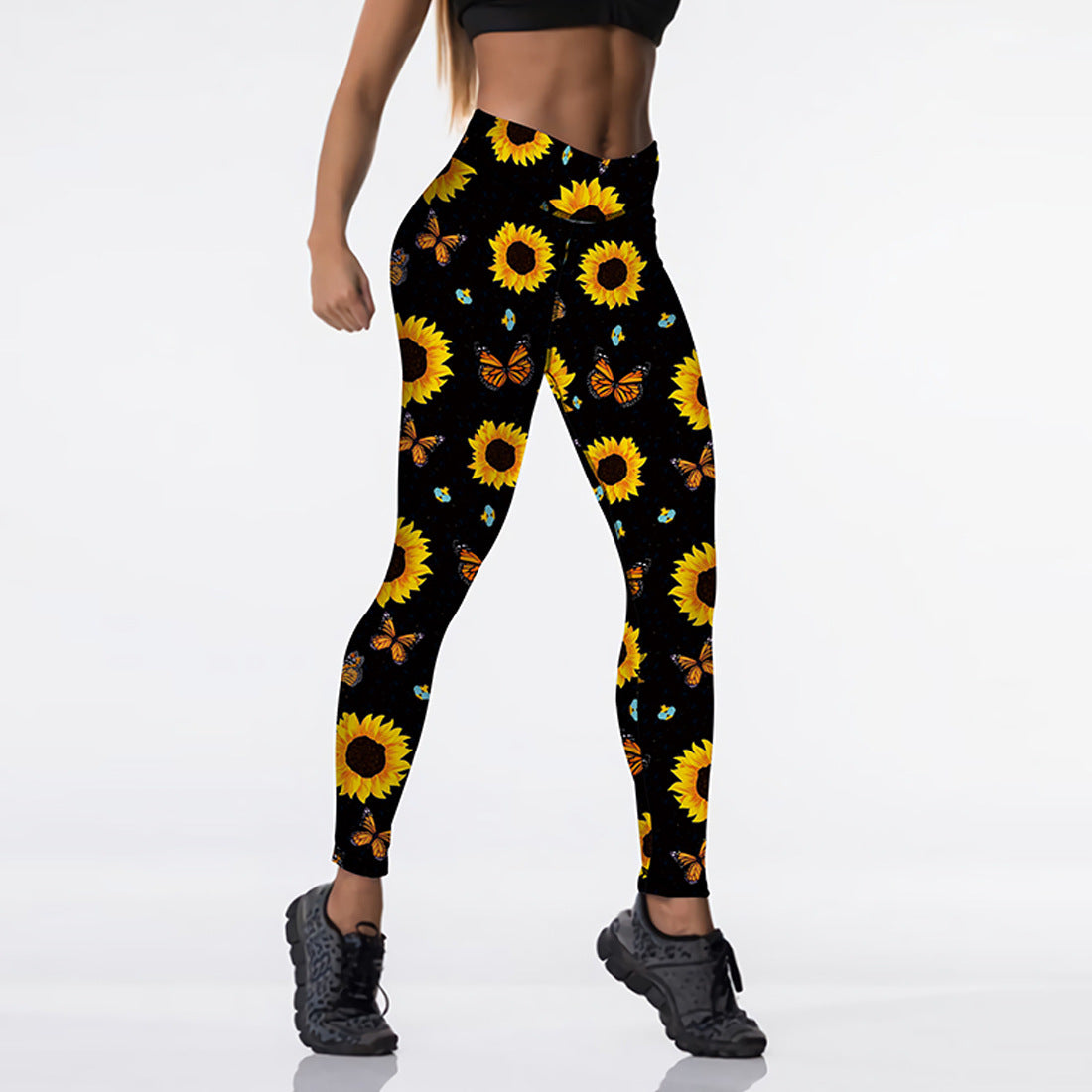 Sunflower Butterfly Print High Waist Sport Leggings