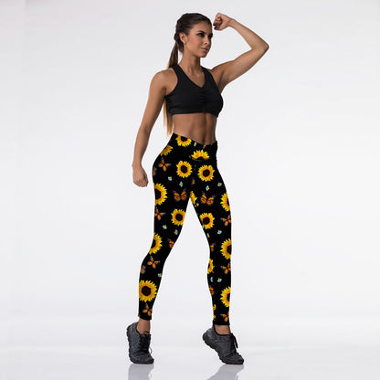 Sunflower Butterfly Print High Waist Sport Leggings