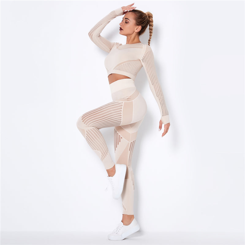 Yoga clothing suit striped hollow fitness two-piece suit