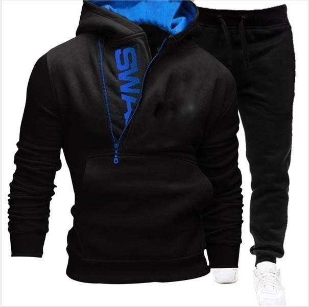 Side zipper contrast color hooded men's sweater suit