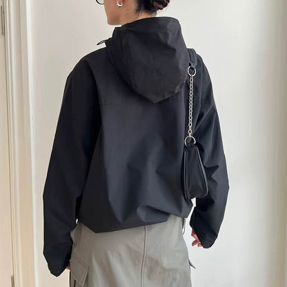 Loose Hooded Windbreaker Fashion Solid Color Zip-up Jacket