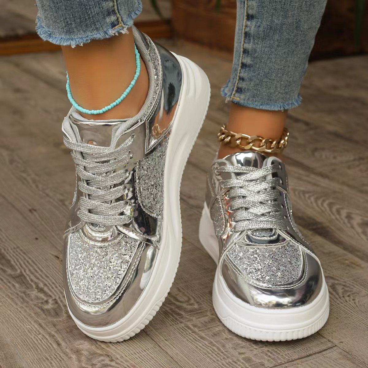 Fashion Lace-up Flat Shoes With Sequin Design Casual Sports
