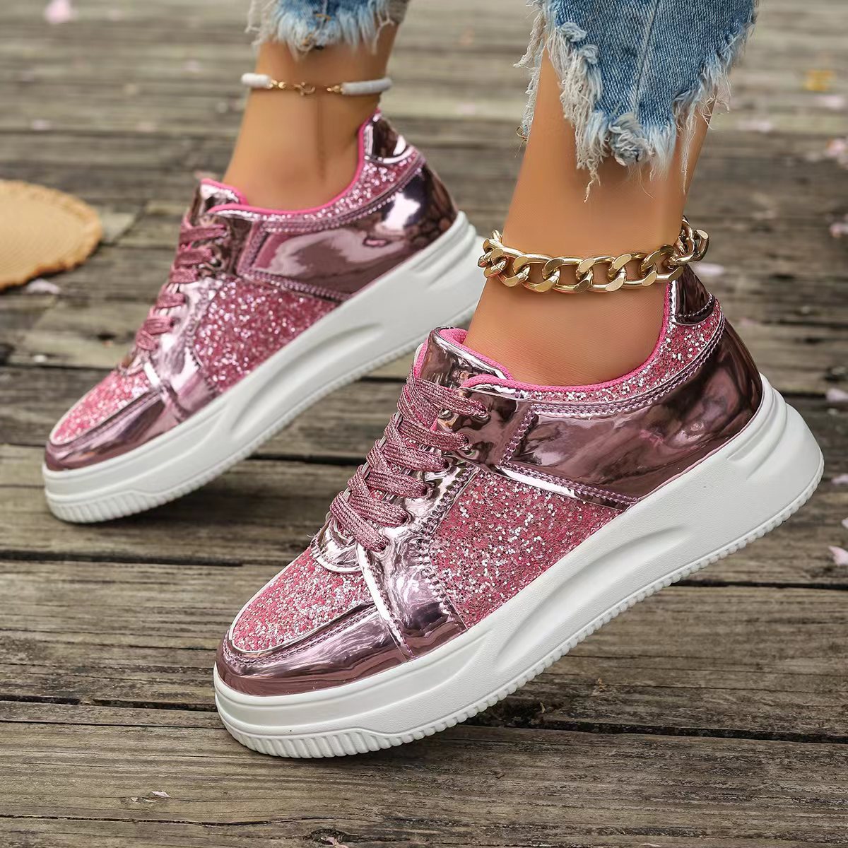 Fashion Lace-up Flat Shoes With Sequin Design Casual Sports