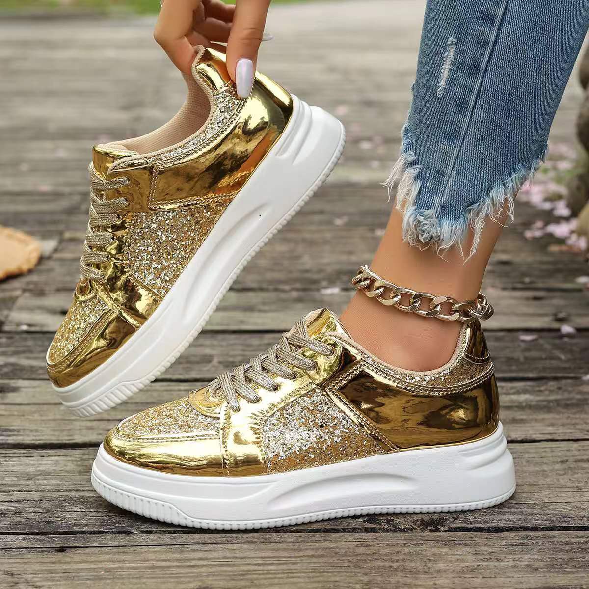 Fashion Lace-up Flat Shoes With Sequin Design Casual Sports