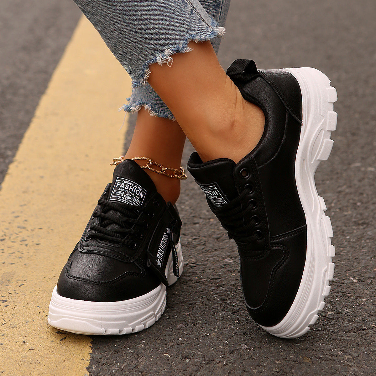 Lace-up Sports Shoes With Side-Zipper Design Fashion