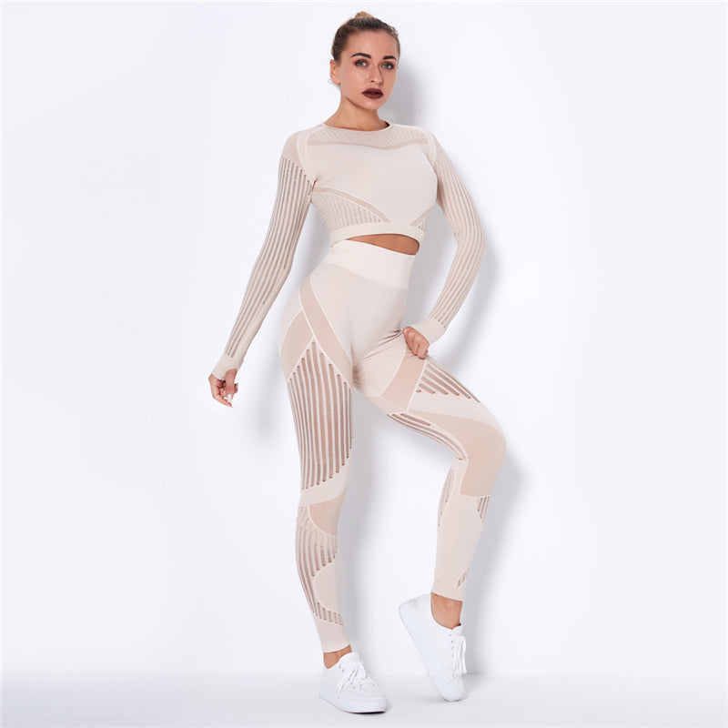 Yoga clothing suit striped hollow fitness two-piece suit