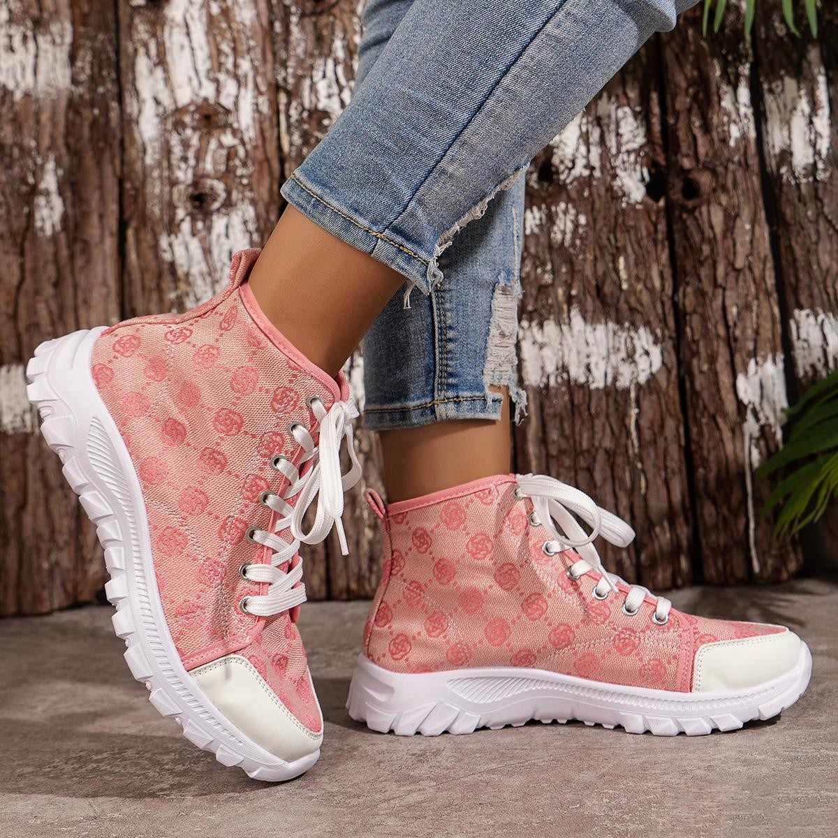 Rose-printed Lace-up Boots Fashion Shoes Sports