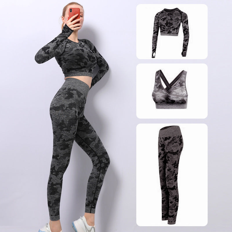 Camouflage High Elasticity Slim Quick Drying Yoga Wear Three Piece Set