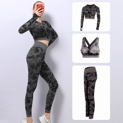 Camouflage High Elasticity Slim Quick Drying Yoga Wear Three Piece Set