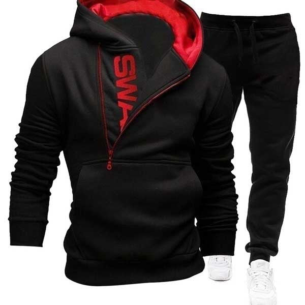 Side zipper contrast color hooded men's sweater suit