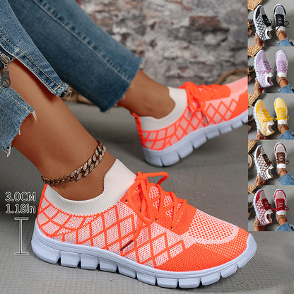 Colorblock Plaid Lace-Up Flyknit Running Sports Shoes For Women
