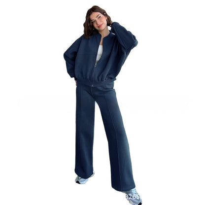 Women's Sports Suits Zipper Jacket And Wide Leg Pants