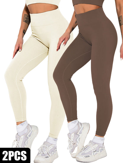 2 Pack Womens Seamless Ribbed Leggings Soft Slimming Yoga Pants