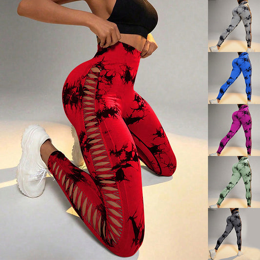 Hollow Tie Dye Printed Yoga Pants High Waist Butt Lift