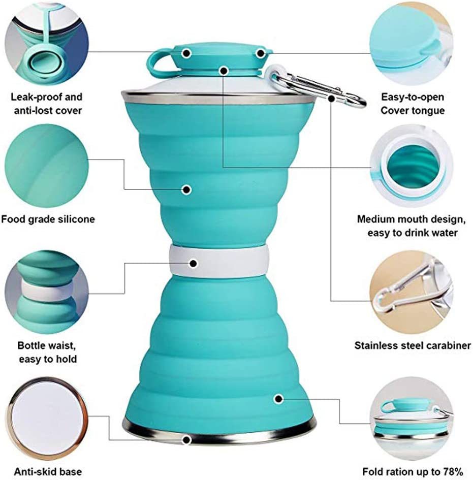 500ML Silicone Water Bottle Cup Foldable Leak Proof Portable Sports